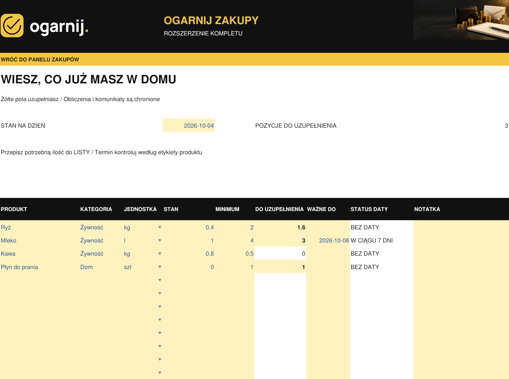 DOMOWE ZAPASY / rzeczywisty arkusz z danymi przykładowymi